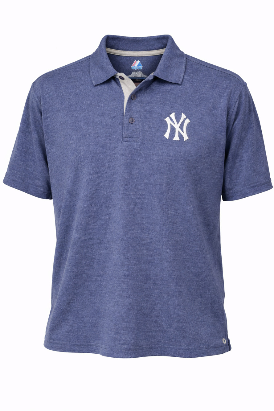 Majestic NY Yankees Polo Shirt Blue Heather MLB Logo Cotton Blend XL